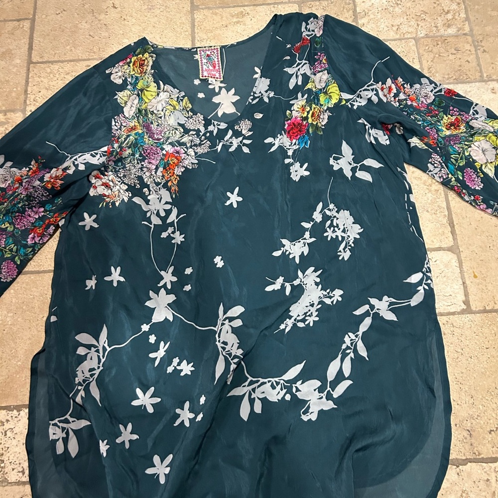 Johnny Was Teal Floral Embroidered Blouse